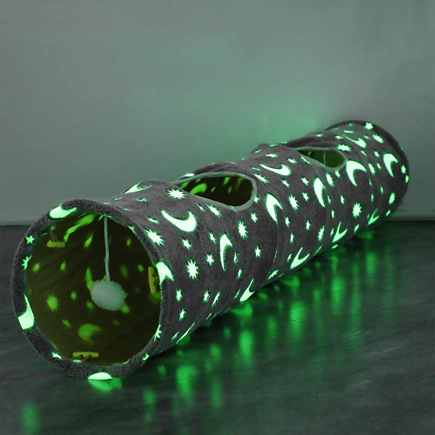 Delightful Cat Tunnel Tube with Plush Ball Toys - Collapsible Self-Luminous Design for Small Pets, Perfect for Kittens, Bunnies, and Ferrets in Grey Moon Star