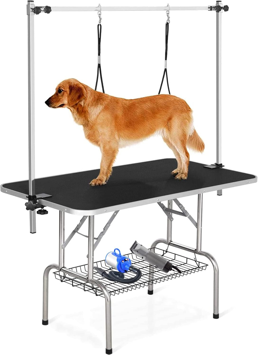 Professional Adjustable Pet Grooming Table for Large Dogs - Portable Trimming and Drying Table with Arm, Noose, and Mesh Tray - Supports Up to 330LB