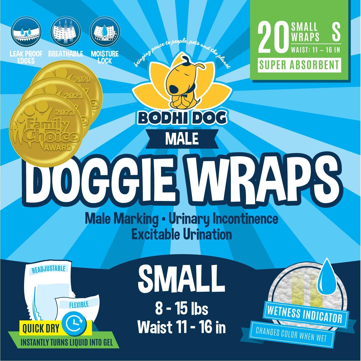 Super Absorbent Disposable Male Dog Diapers - Leak-Proof Pee Wraps for Small Breeds with Comfortable Adjustable Fit and Wetness Indicator - 20 Pack