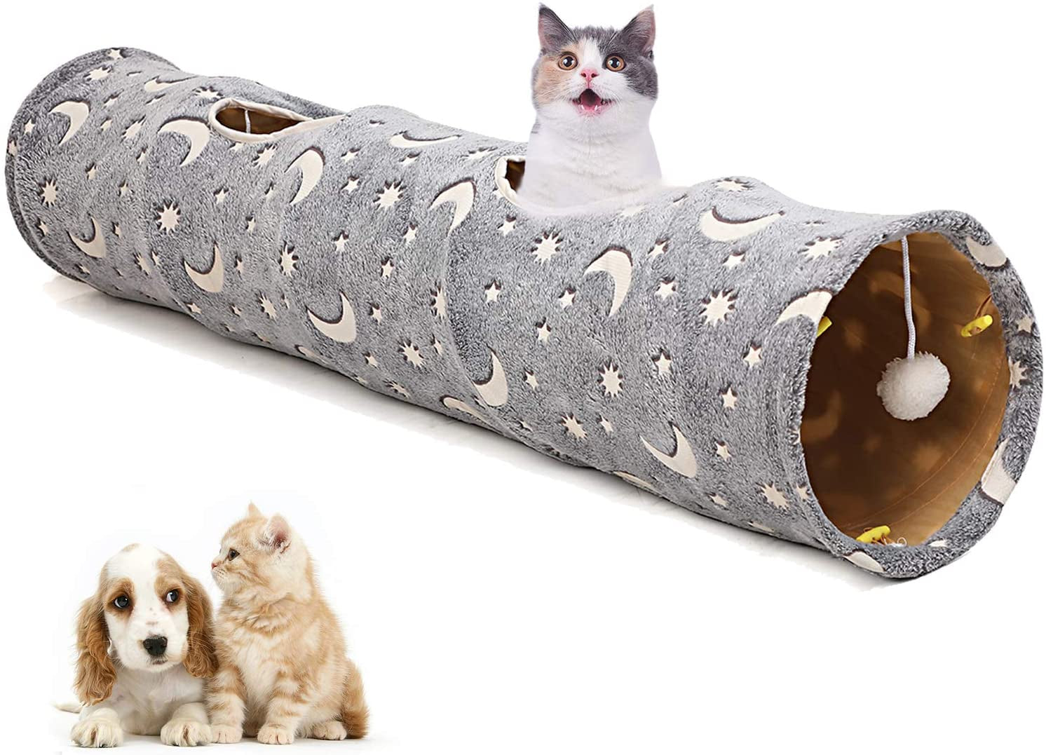 Delightful Cat Tunnel Tube with Plush Ball Toys - Collapsible Self-Luminous Design for Small Pets, Perfect for Kittens, Bunnies, and Ferrets in Grey Moon Star