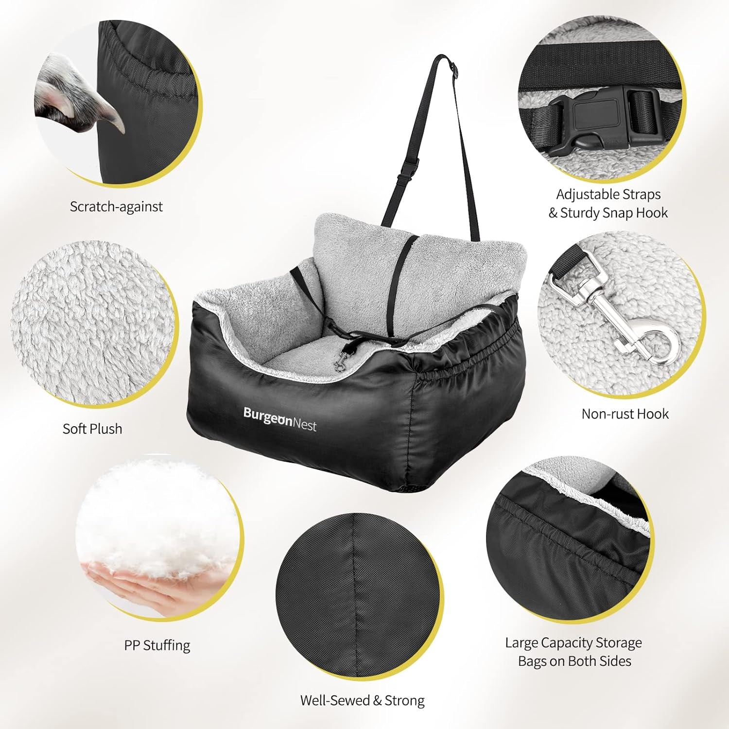 Premium Black Dog Car Seat for Small Pets - Comfortable, Washable Booster Seat with Storage Pockets and Adjustable Leash for Safe Travel