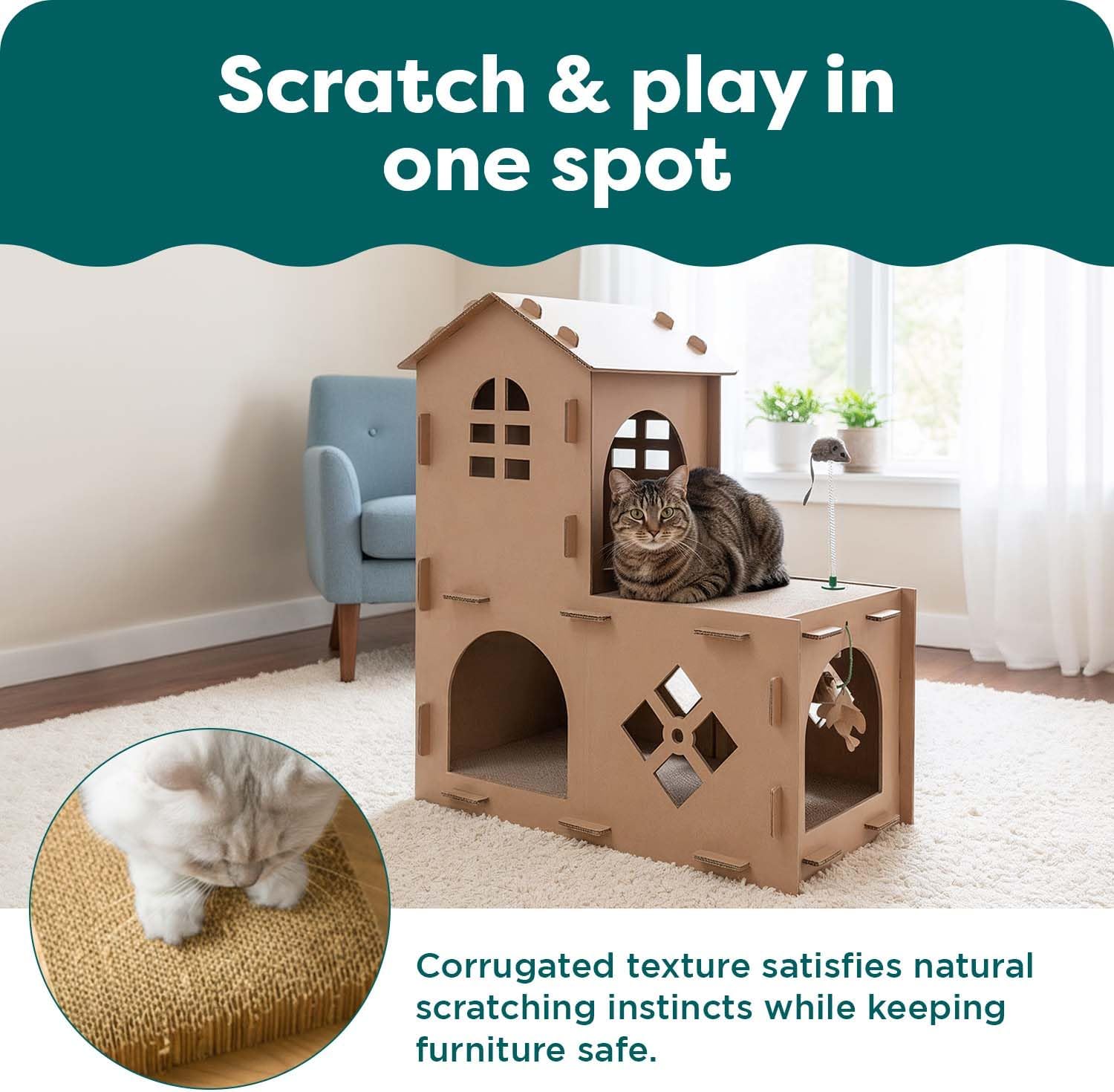 Delight Your Cat with the Townhouse Multi-Level Cardboard Cat House - Cozy Retreat with Catnip & Toys for Playful Comfort