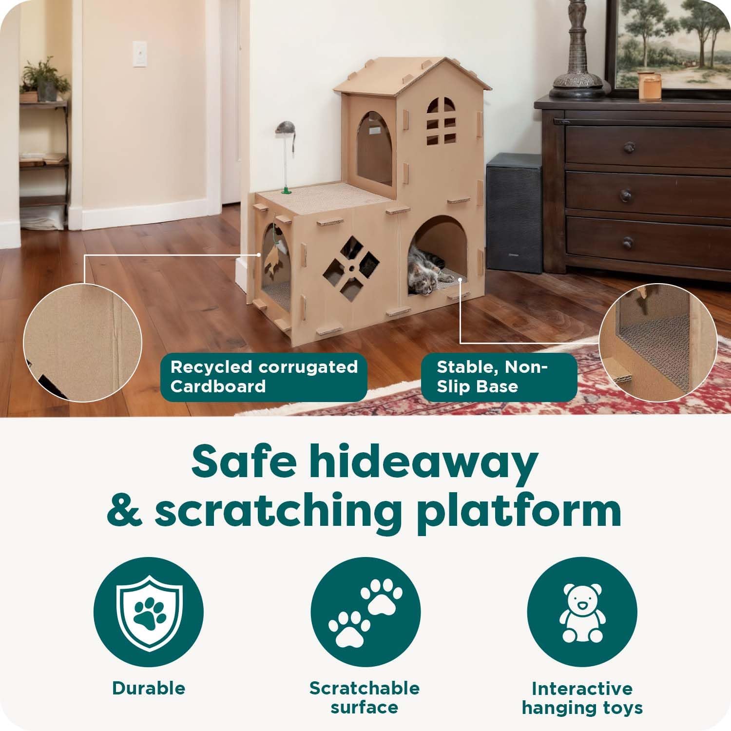 Delight Your Cat with the Townhouse Multi-Level Cardboard Cat House - Cozy Retreat with Catnip & Toys for Playful Comfort