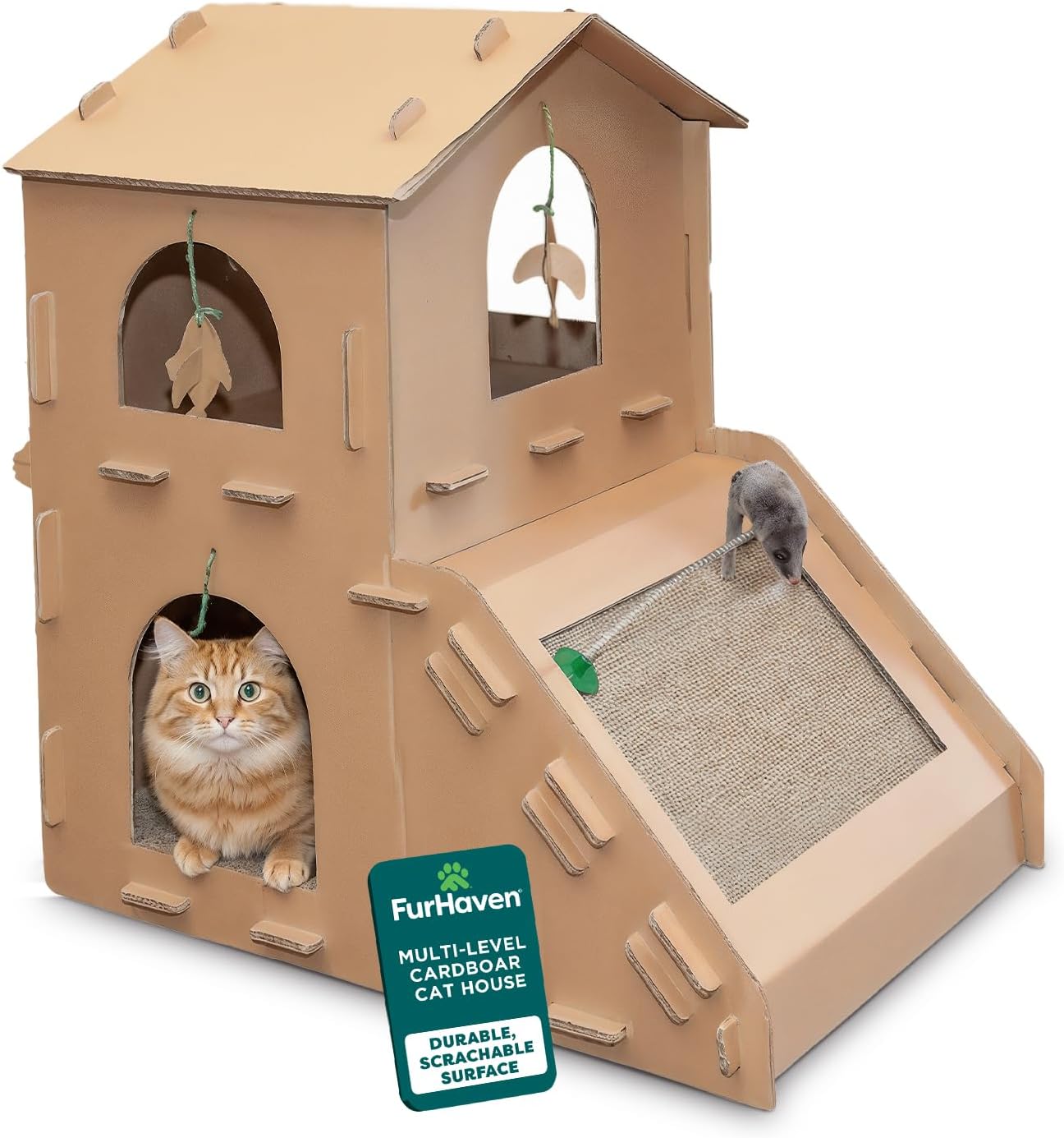 Delight Your Cat with the Townhouse Multi-Level Cardboard Cat House - Cozy Retreat with Catnip & Toys for Playful Comfort
