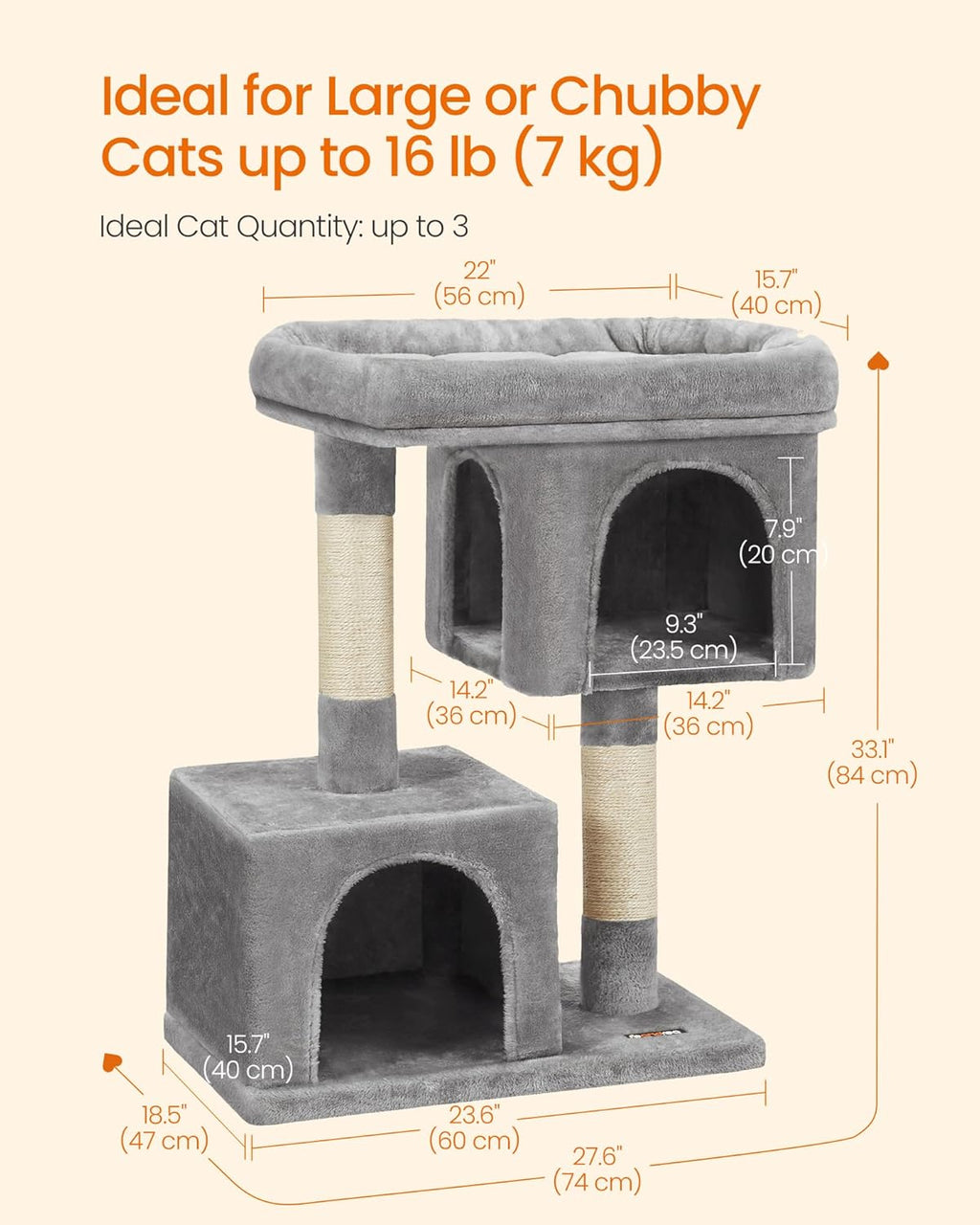 Cat Tree, 33.1-Inch Cat Tower, Plush Condo for Large Cats up to 16 Lb, Large Perch, 2 Caves, Scratching Post, Light Gray UPCT61W