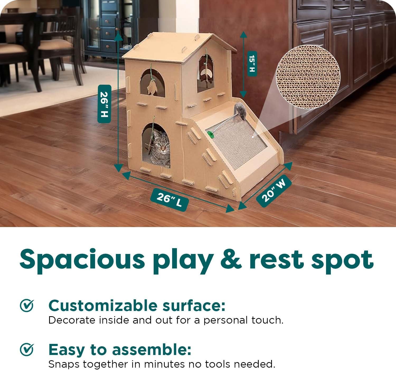 Delight Your Cat with the Townhouse Multi-Level Cardboard Cat House - Cozy Retreat with Catnip & Toys for Playful Comfort