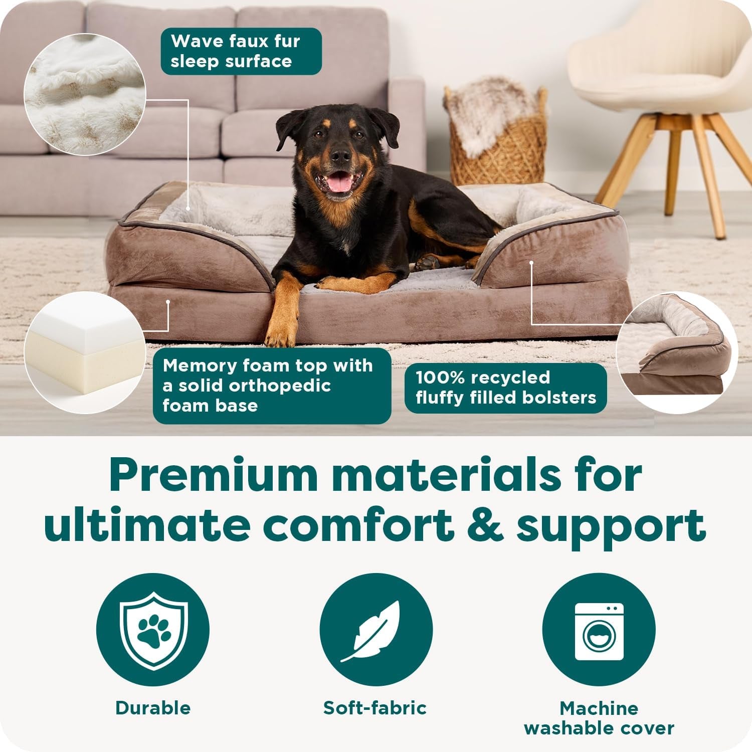 Memory Foam Dog Bed for Large Dogs W/ Removable Bolsters & Washable Cover, for Dogs up to 95 Lbs - Plush & Velvet Waves Perfect Comfort Sofa - Brownstone, Jumbo/Xl