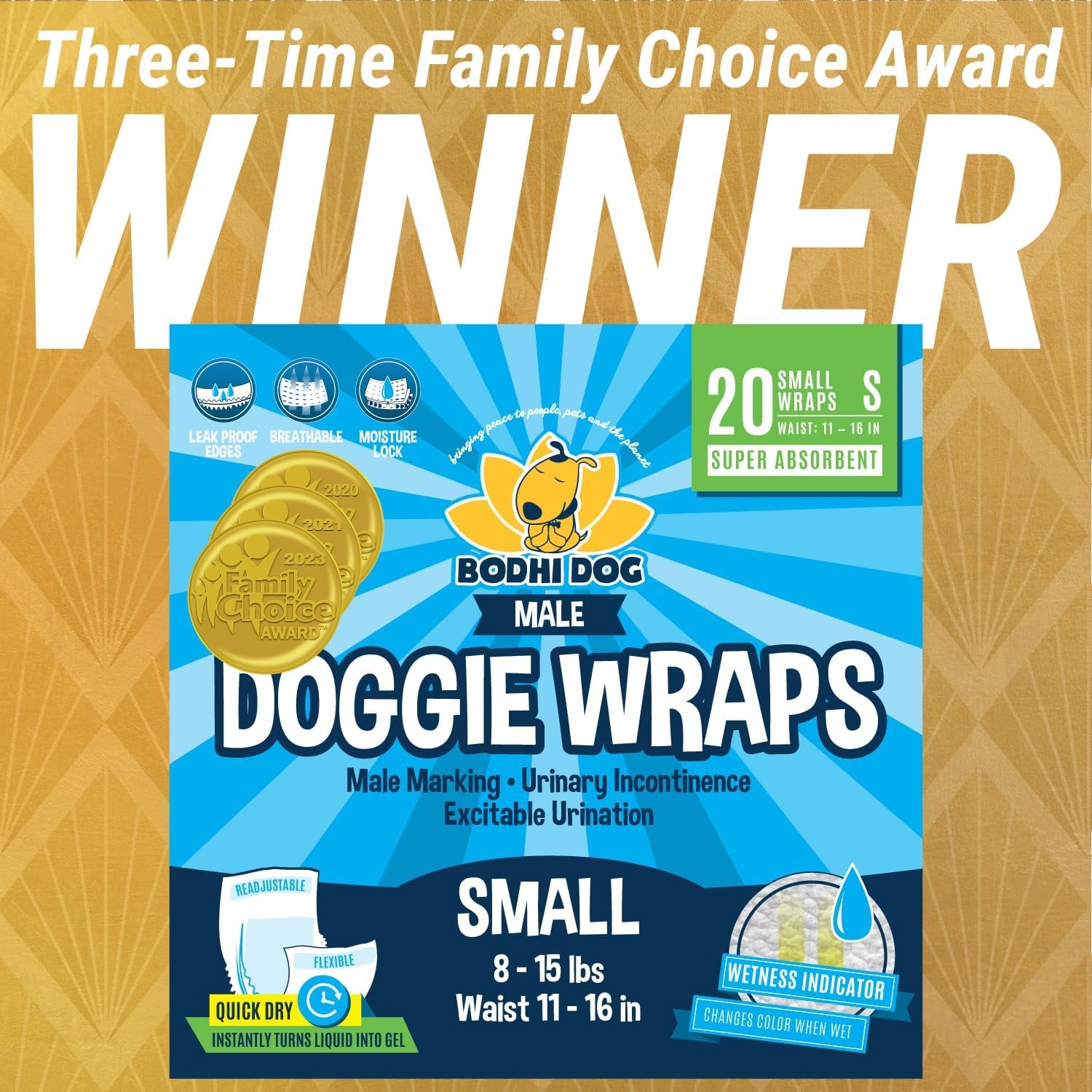 Super Absorbent Disposable Male Dog Diapers - Leak-Proof Pee Wraps for Small Breeds with Comfortable Adjustable Fit and Wetness Indicator - 20 Pack