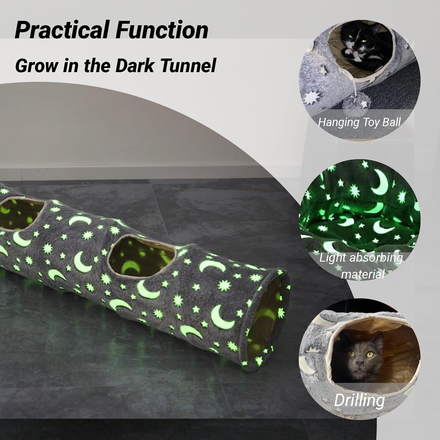Delightful Cat Tunnel Tube with Plush Ball Toys - Collapsible Self-Luminous Design for Small Pets, Perfect for Kittens, Bunnies, and Ferrets in Grey Moon Star