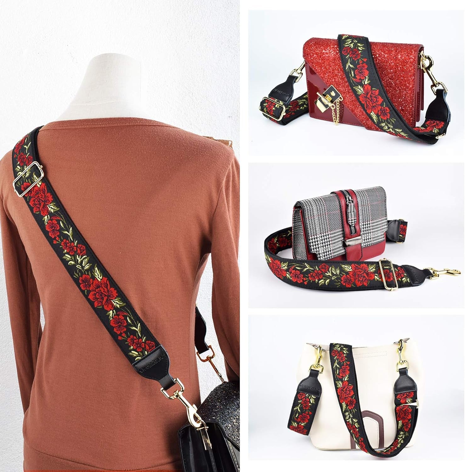 Elevate Your Style with Our Chic Red Roses Handbag Strap - Perfect for Shoulder & Crossbody Use!